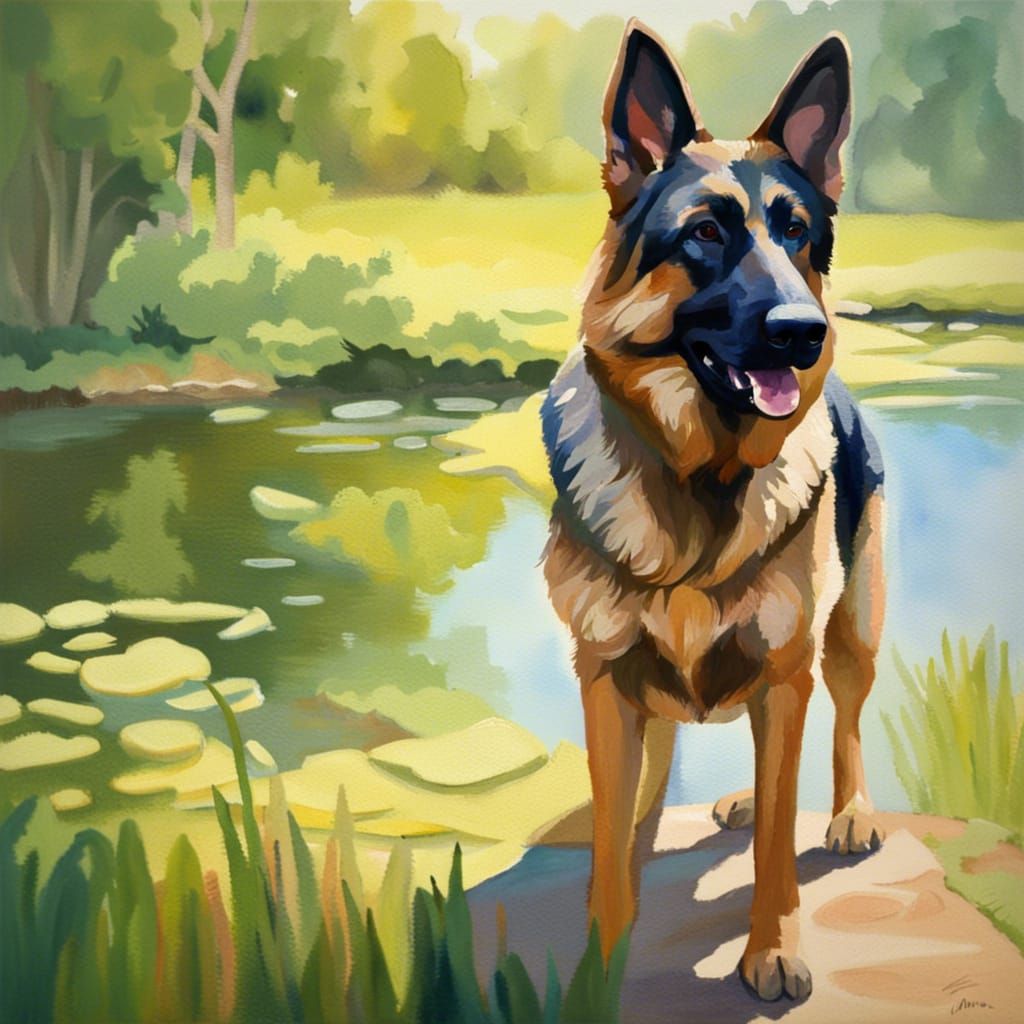 German Shepherd Dog at Pond in Gouache Style