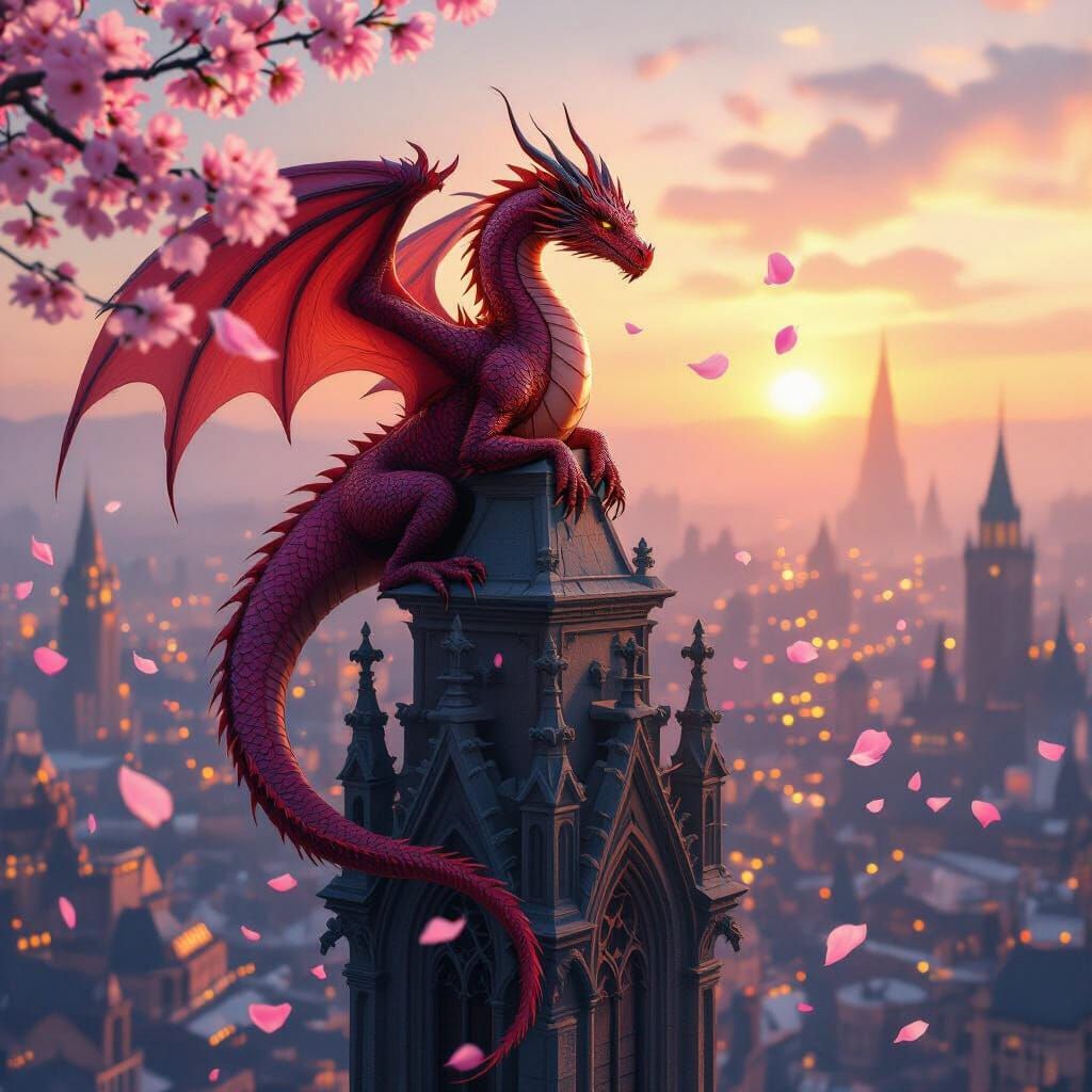Crimson Dragon on Gothic Spire at Sunset
