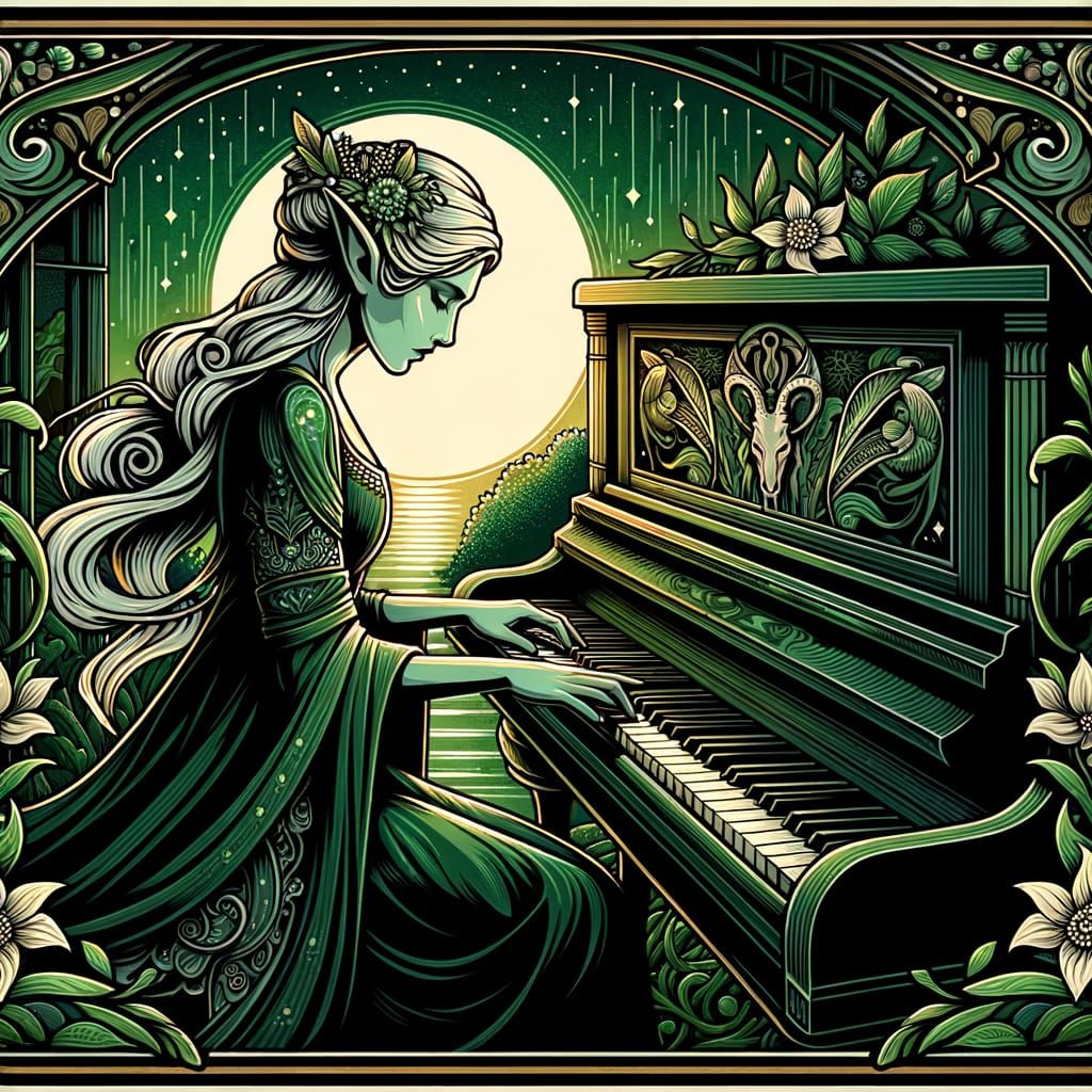 Elven Pianist in Art Nouveau Sunset
