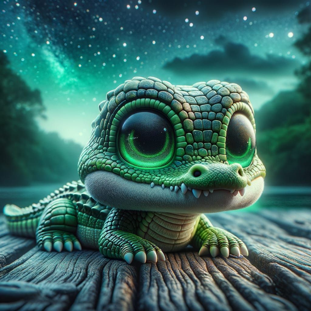 Hyper-Realistic Chibi Crocodile in a Serene Night Scene