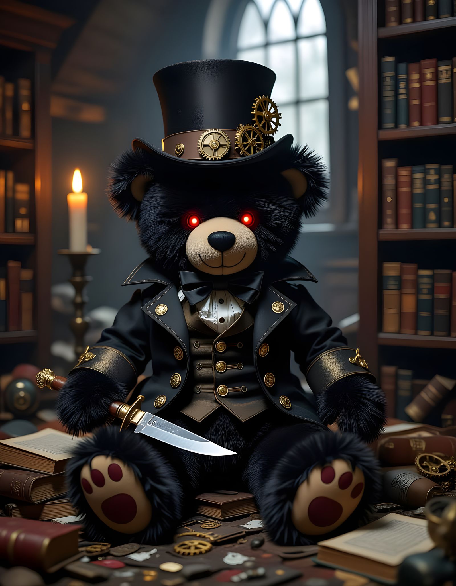Sinister Steampunk Teddy Bear in Gothic Victorian Attic