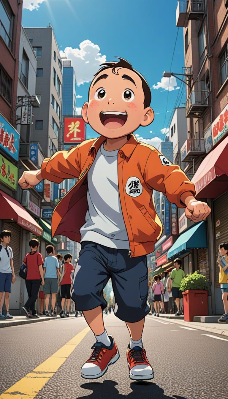 Cheeky Shinchan Dances in Vibrant Street Scene