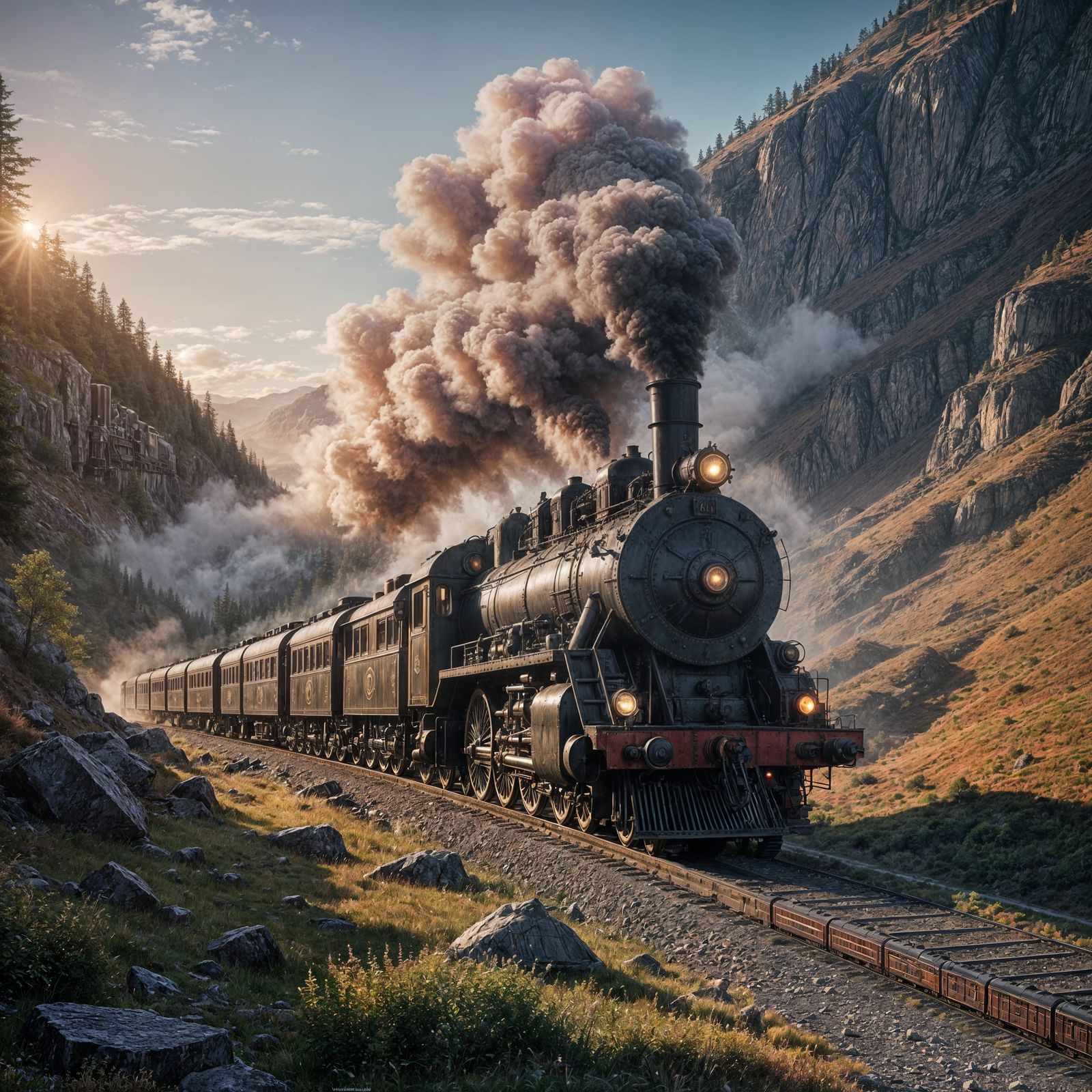 Vintage Steam Train Emerges from Foggy Mountain Passes at Su...