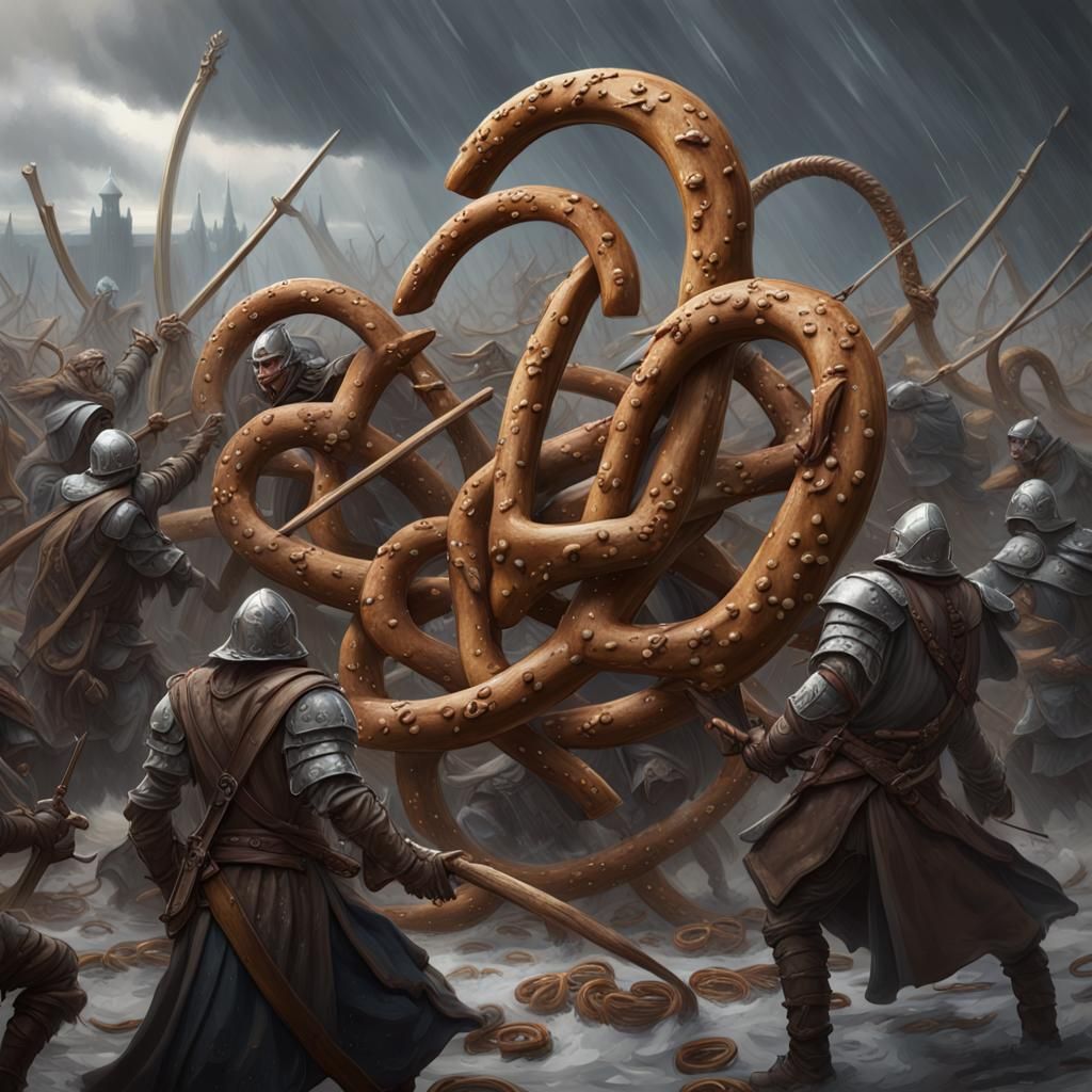 Epic Pretzel Battle in Dark Fantasy Style