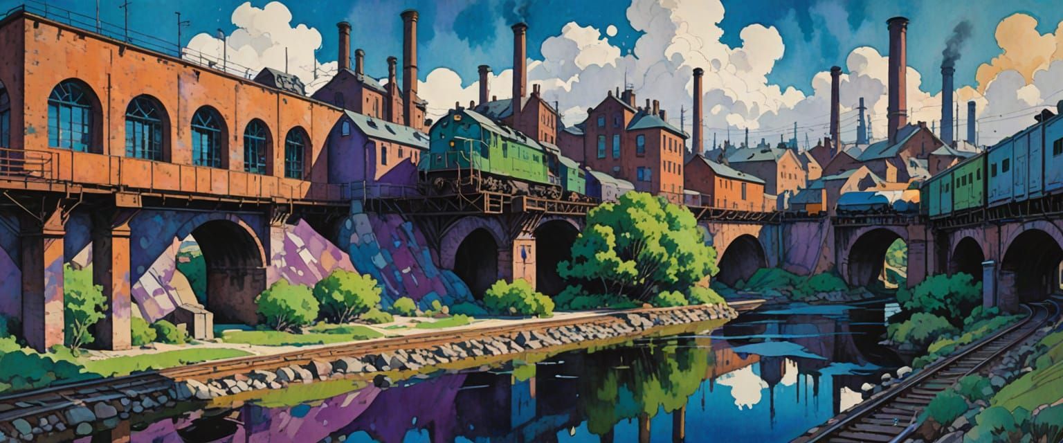 Industrial District in Impressionist Watercolor