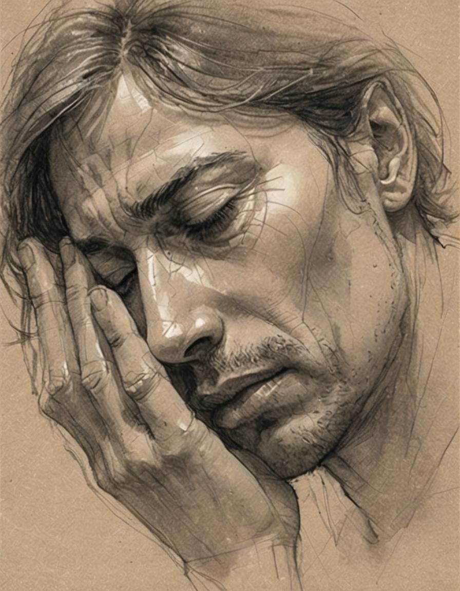 In the style of an expressive, soft-toned digital sketch, this image captures a melancholic close-up of a character in a...