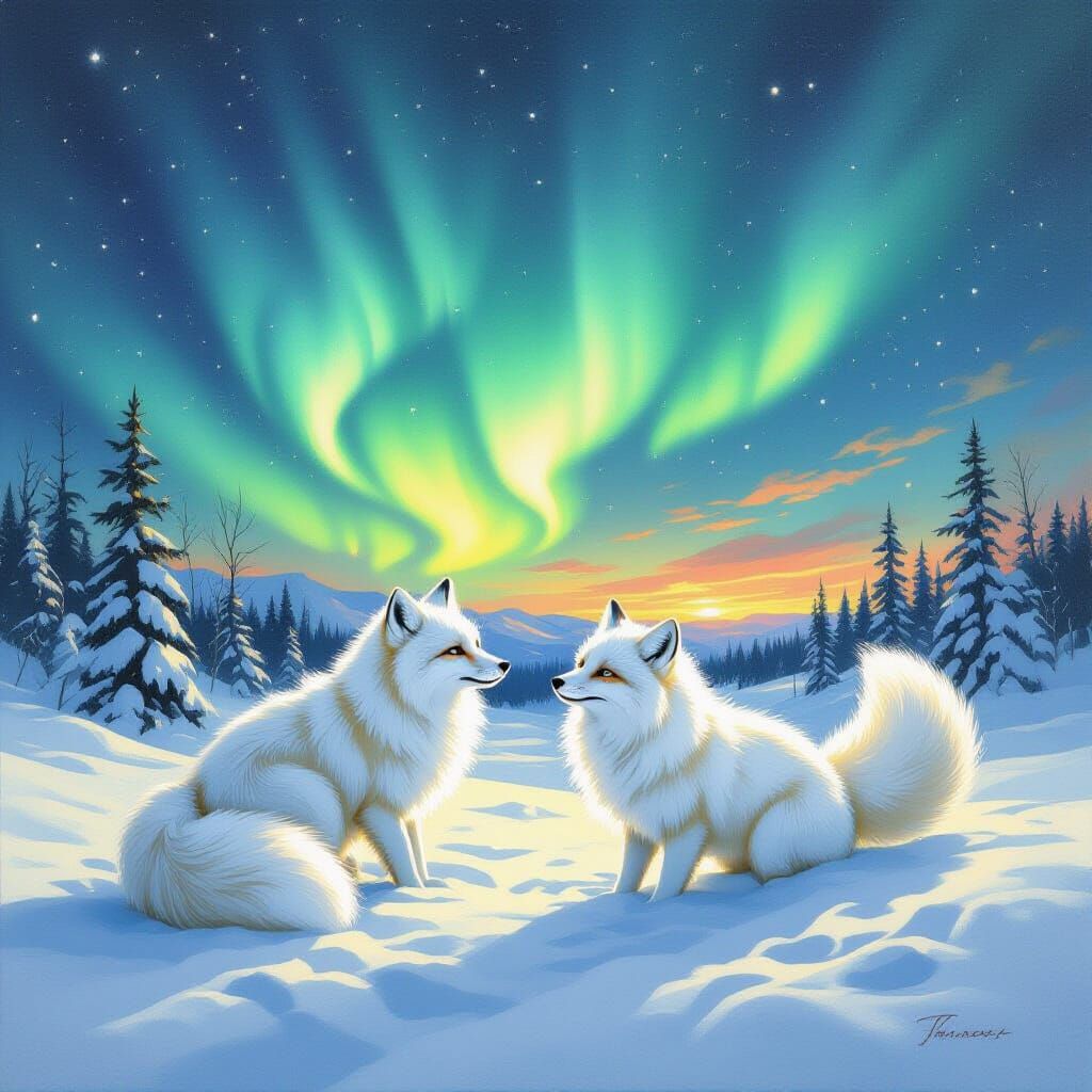 White Foxes Play Under Aurora: Oil Painting