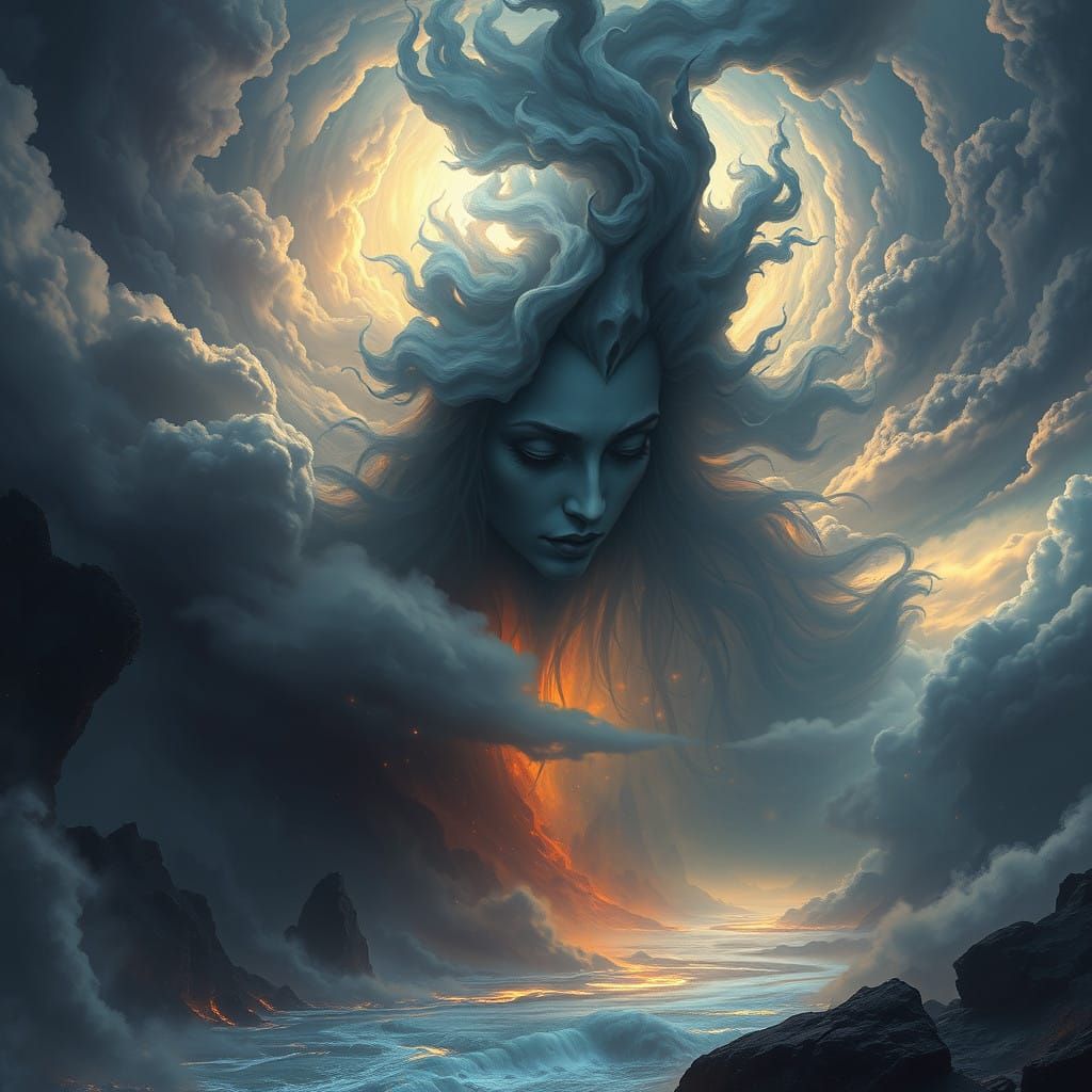 Ethereal Goddess of Death in a Swirling Vortex of Clouds and...