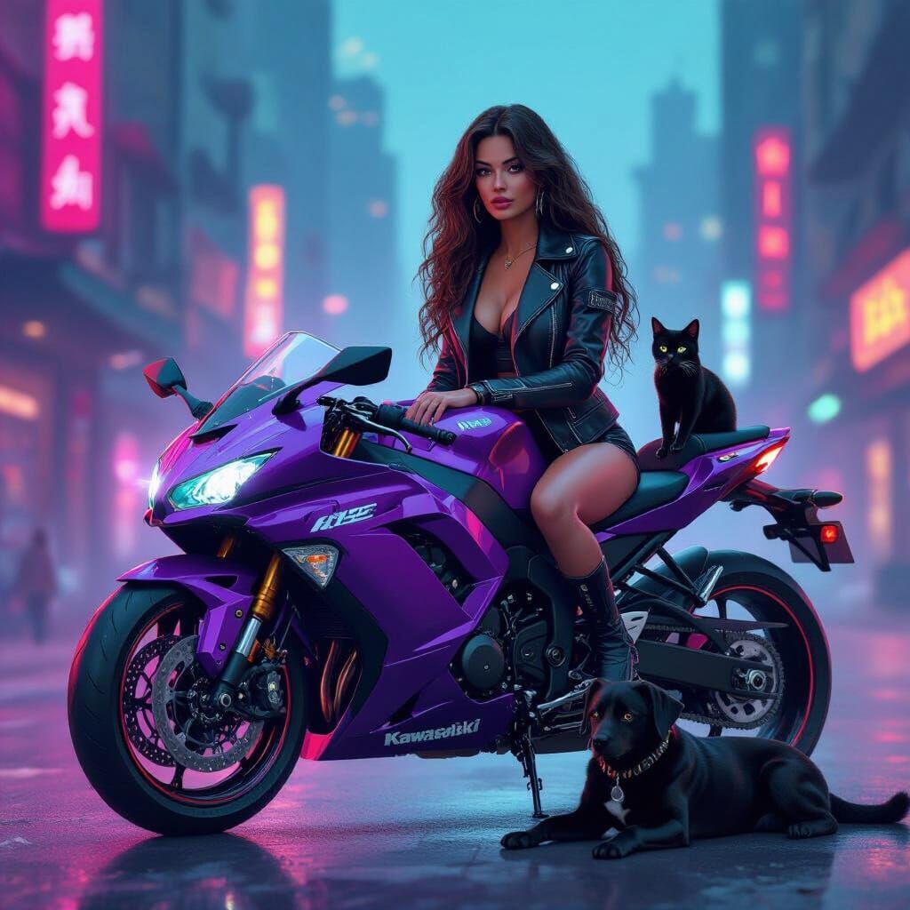Futuristic Woman on Purple Motorcycle with Cat