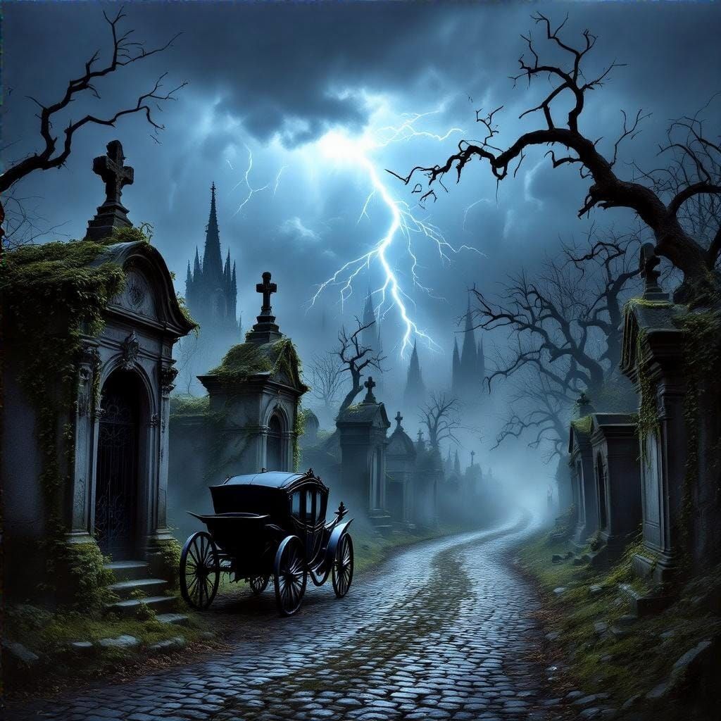 Mysterious Gothic Graveyard at Dusk with Dark Carriage