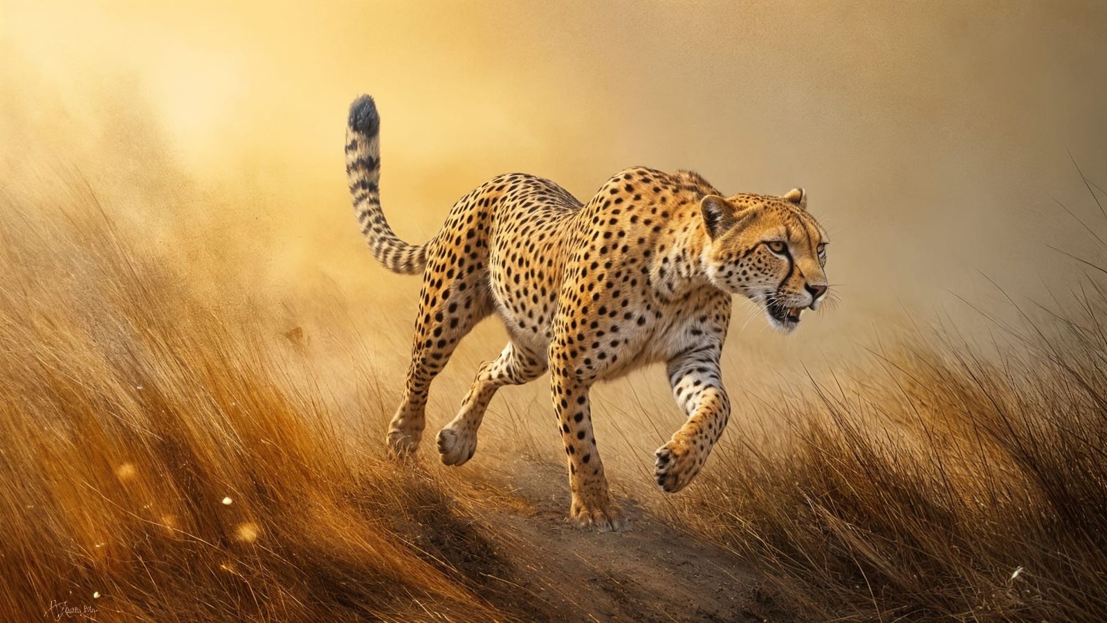 Golden Cheetah Sprinting Across the African Savannah in an I...