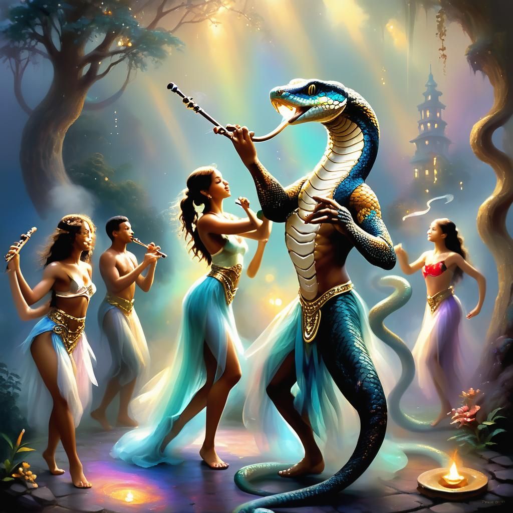 Cobra's Flute: Ethereal Fantasy in Oil Painting Style