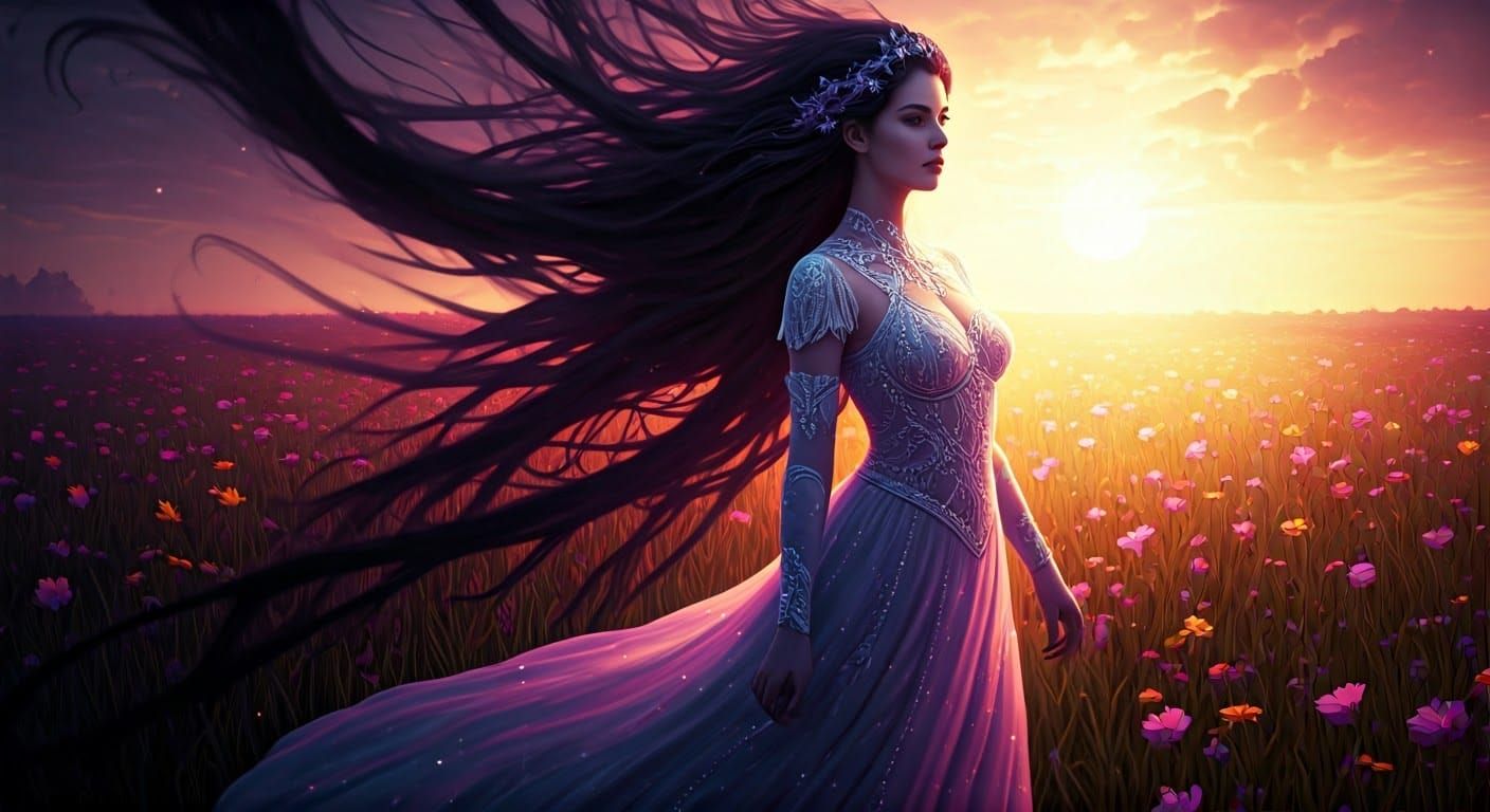 Enchanting Fantasy Lady in Luminous Attire Amidst Vibrant Wi...