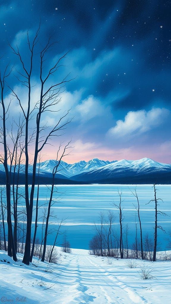 Surreal Winter Scene with Snow and Bare Trees