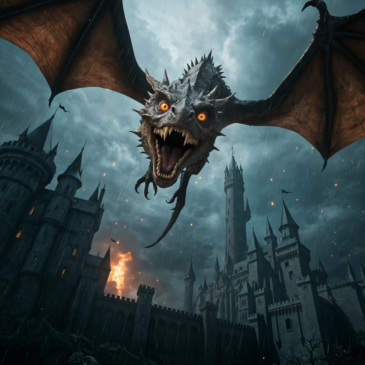 Colossal Dragon Plummets Towards Fantasy Castle