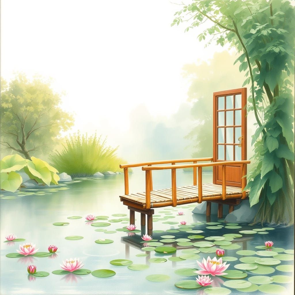 Dreamy Bamboo Bridge with Glass Door Amidst Lush Greenery