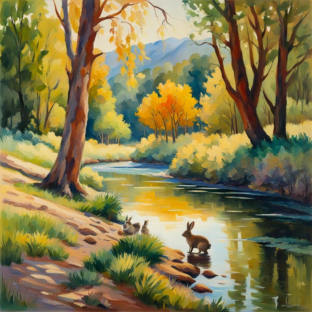 Impressionist River Scene with Hart in Gouache Style