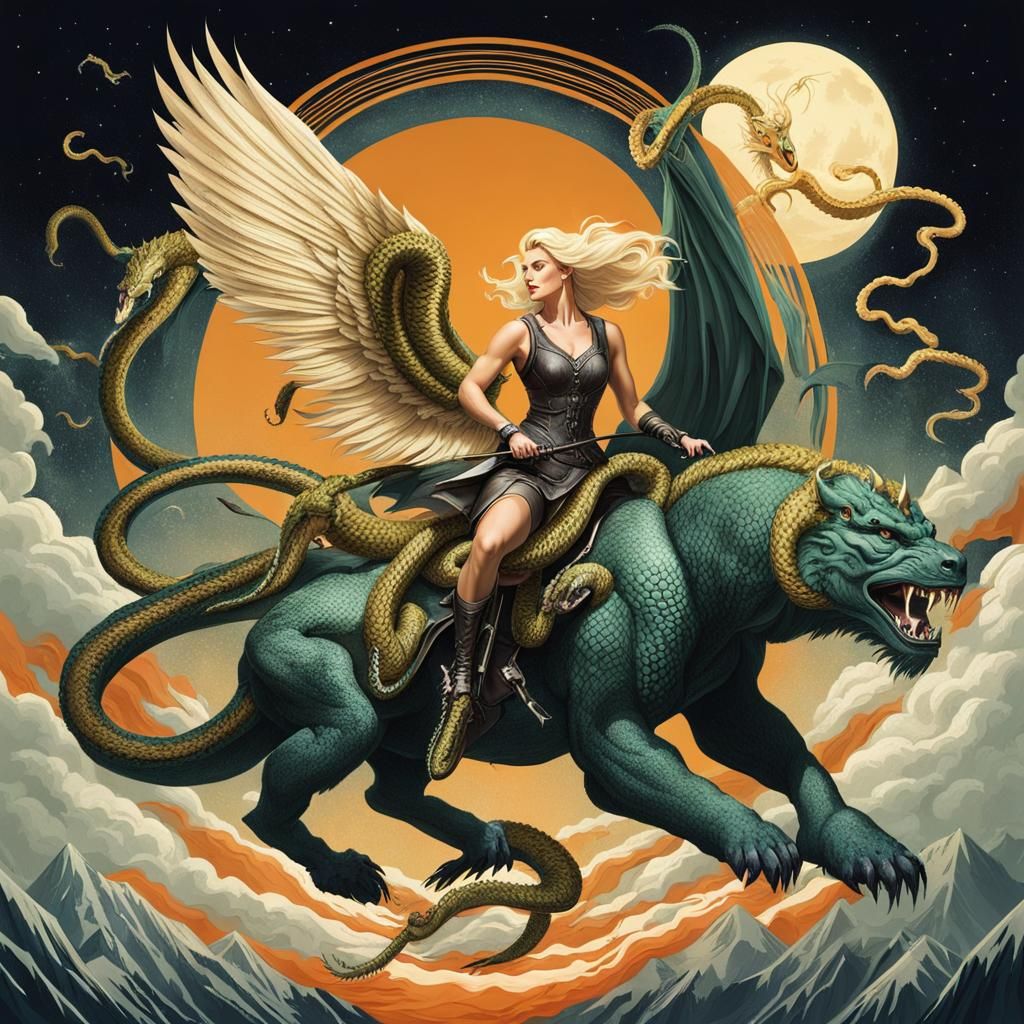 Blonde Woman Rides Mythical Chimera Beast