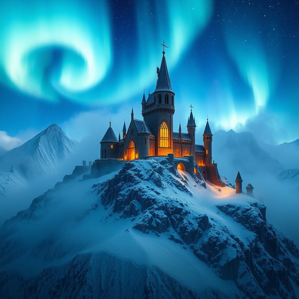 Enchanted Mountain Castle Amidst Icy Blue Mystique
