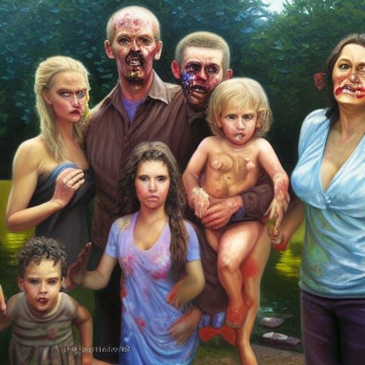 Zombies Family Pool Party: Oil Painting