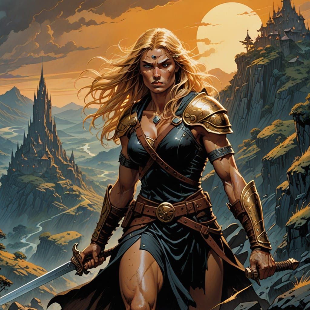 Barbarian Warrior and Woman on Dark Hill in Fantasy Art