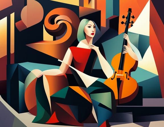 Cubist Girl Playing Cello on Stage