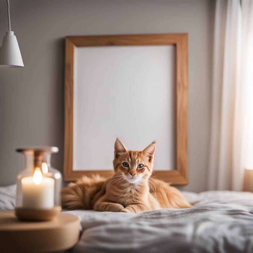 Cozy Bedroom Scene with Kitten and Picture Frame