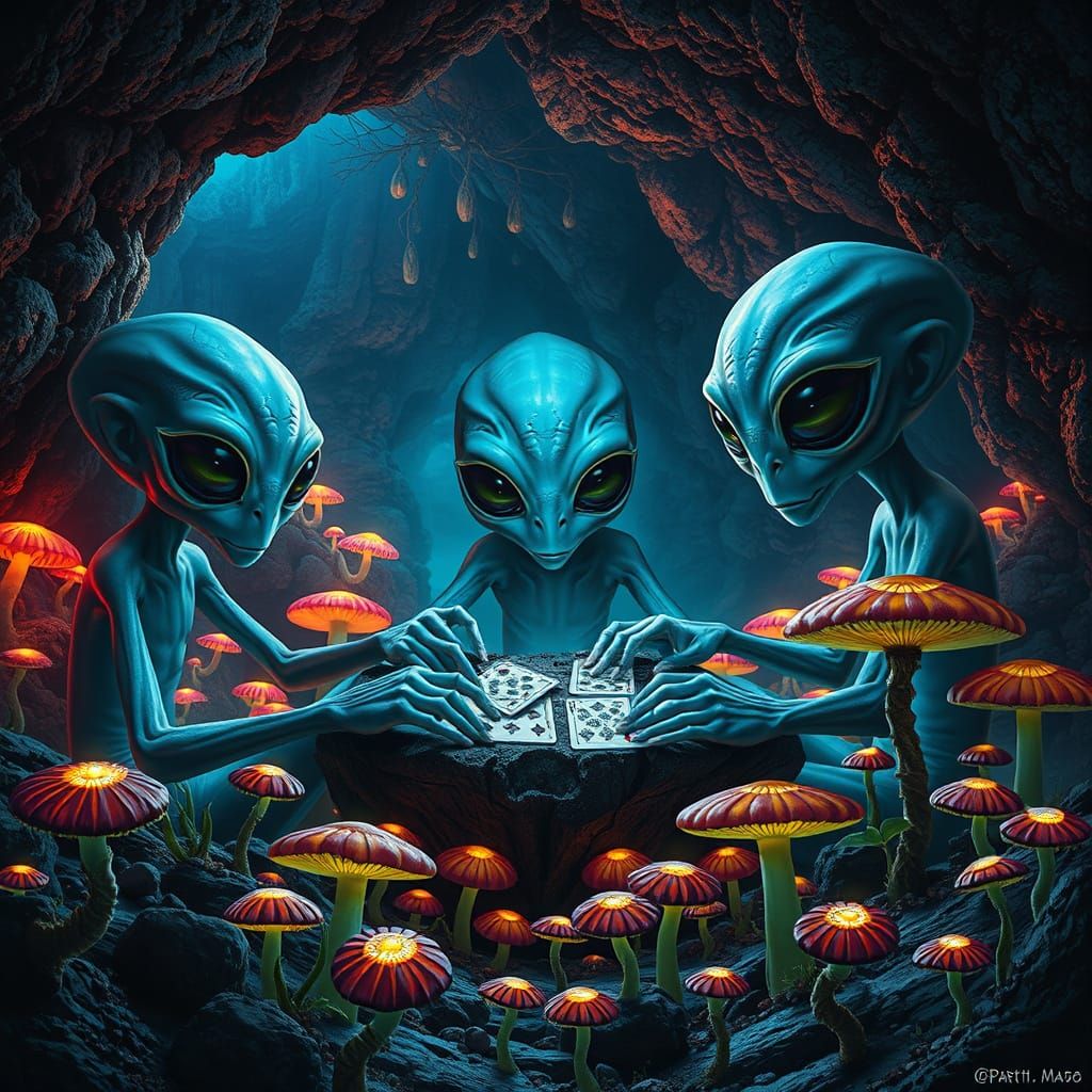 Aliens Play Cards in Bioluminescent Cave