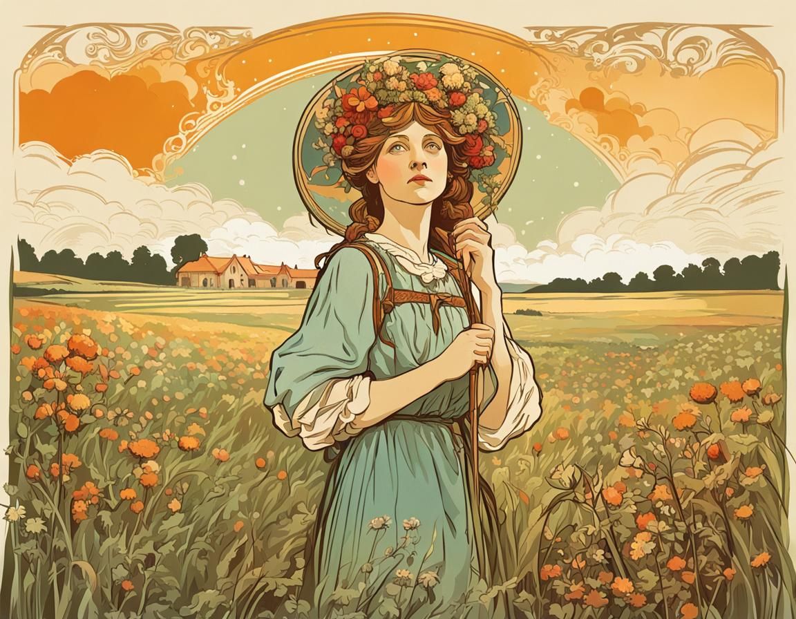 Woman in Field as Art Nouveau Illustration