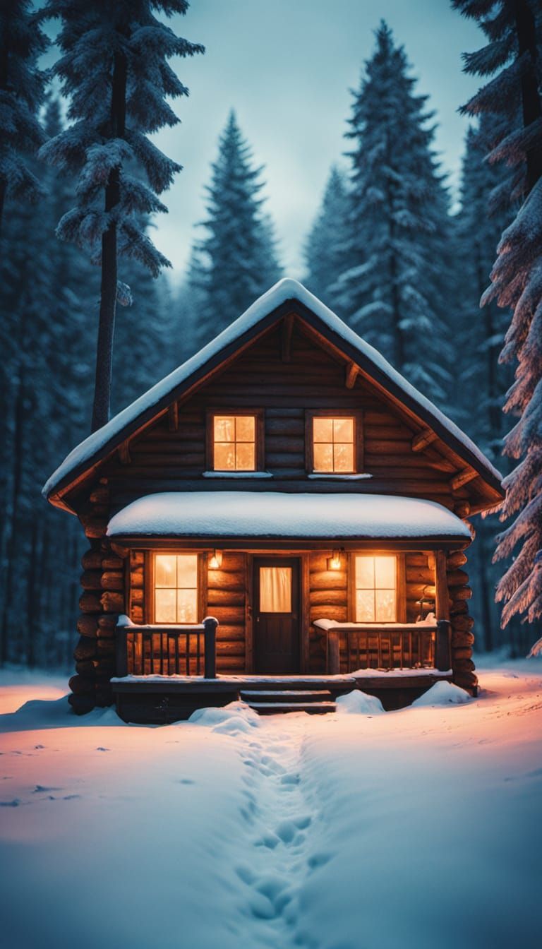 Cozy Winter Cabin Scene, Cinematic Film Still