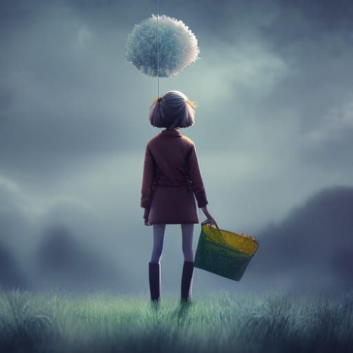 Steampunk Girl with Balloon in Dreamlike Photorealism