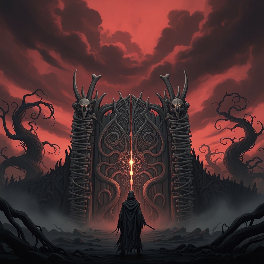Hooded Figure at Bone Gate in Dark Fantasy Style