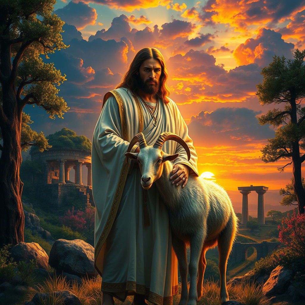 Jesus Cradling Goat in Mystical Landscape