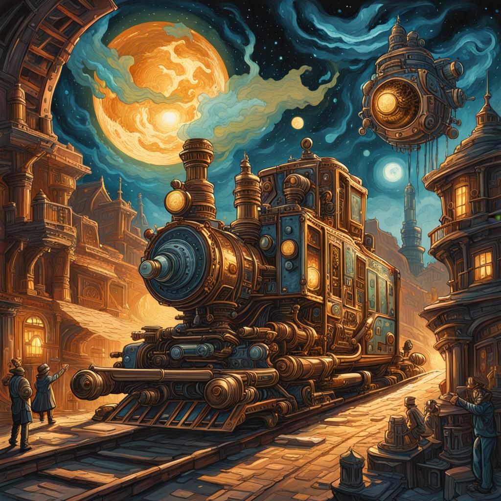 Steampunk Celestial Fusion in Gouache Style