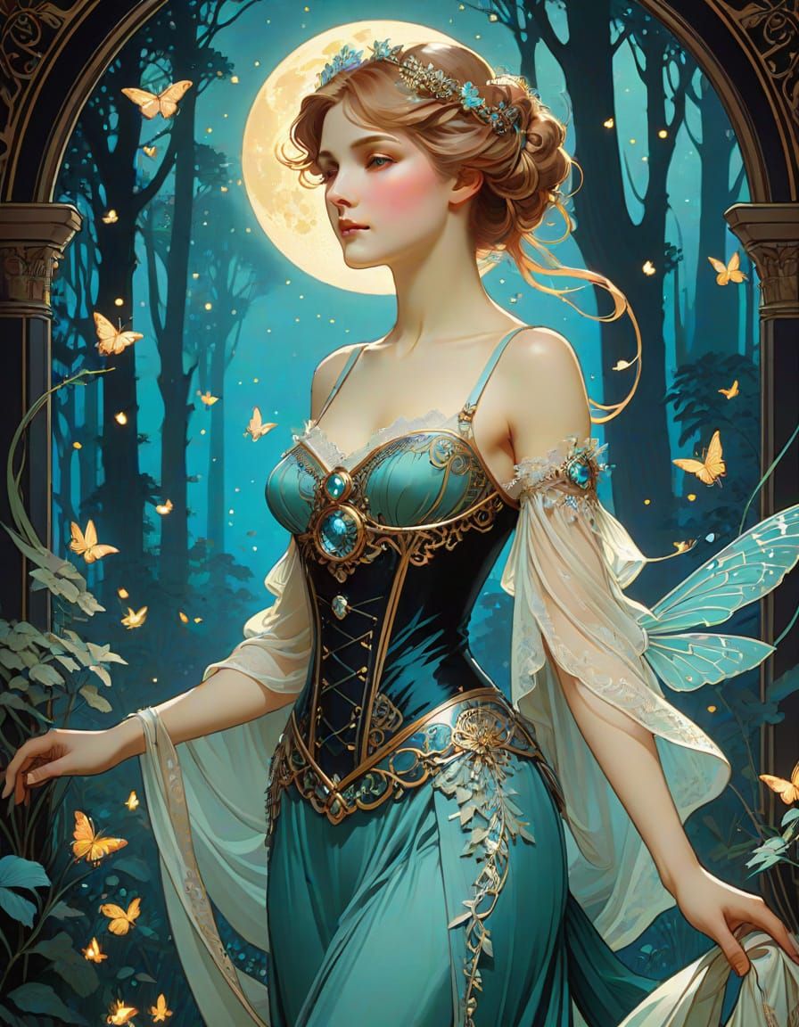 Victorian Lady in Bioluminescent Forest, Art Nouveau