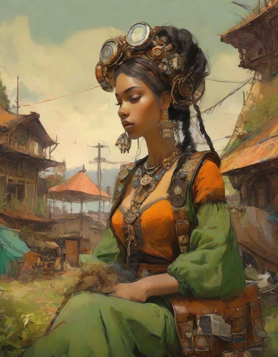 Regal Steampunk Bard in Tan Fur and Olive Skin