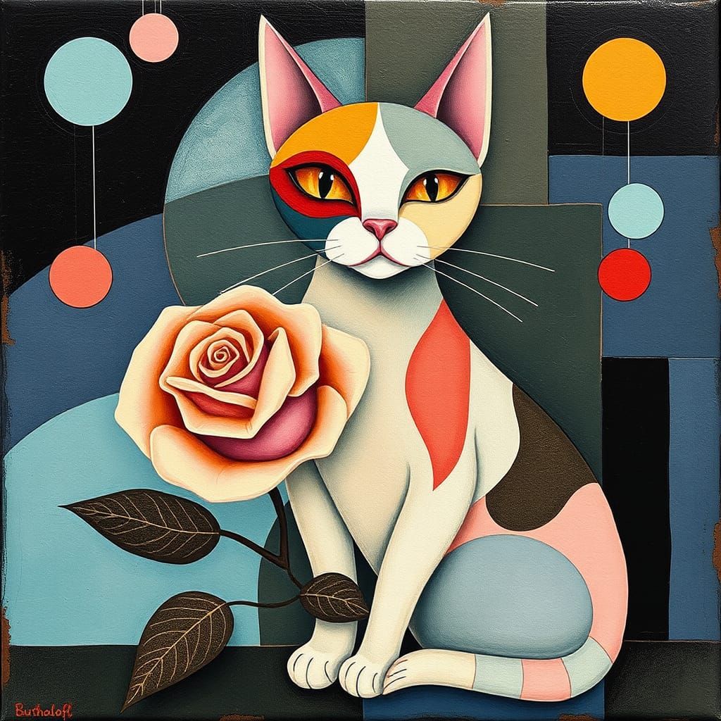 Abstract Surreal Cat and Rose in Retro Style