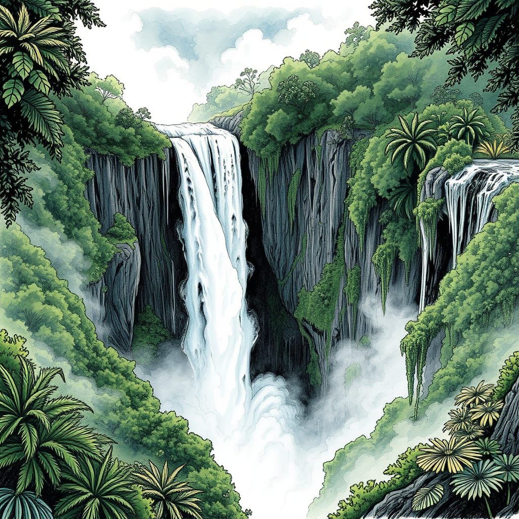 Victoria Falls: Detailed Ink Drawing