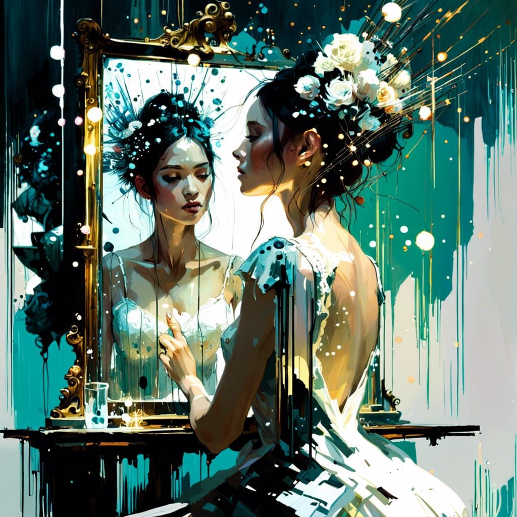 Bride Gazing in Mirror with Magic Light, Fine Art