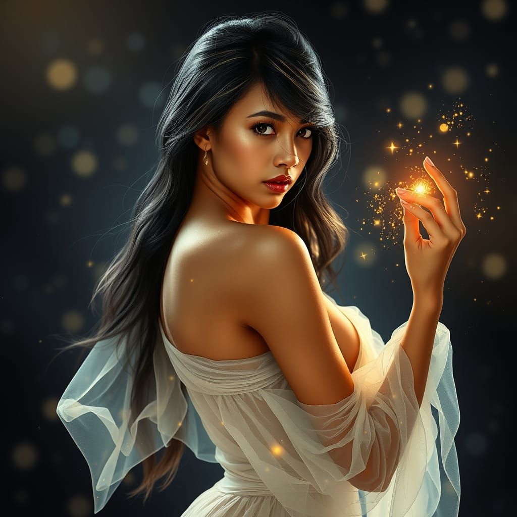 Ethereal Guatemalan Woman Conjuring Magic in Starry Void