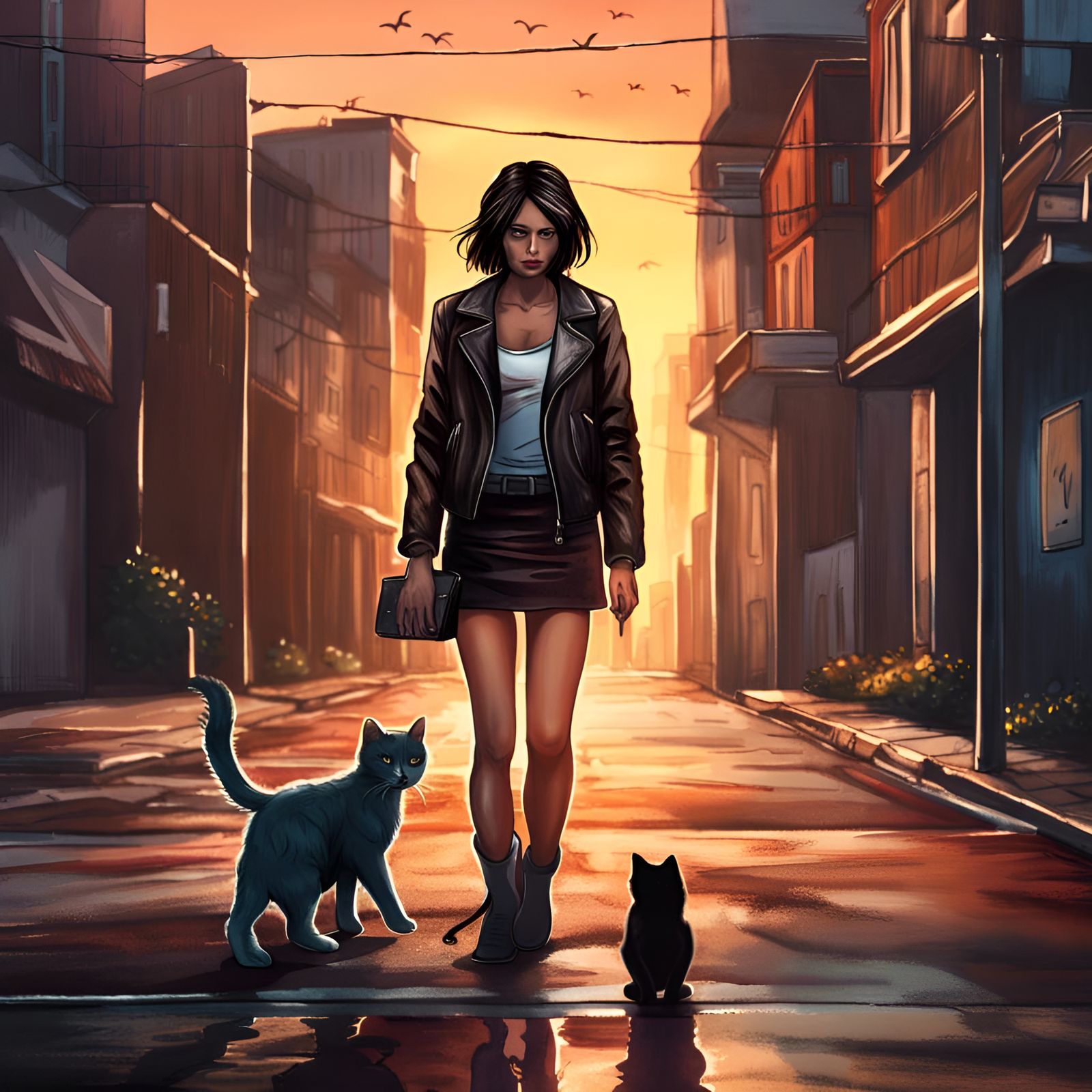 Sad Woman and Cat at Sunrise in Comic Style
