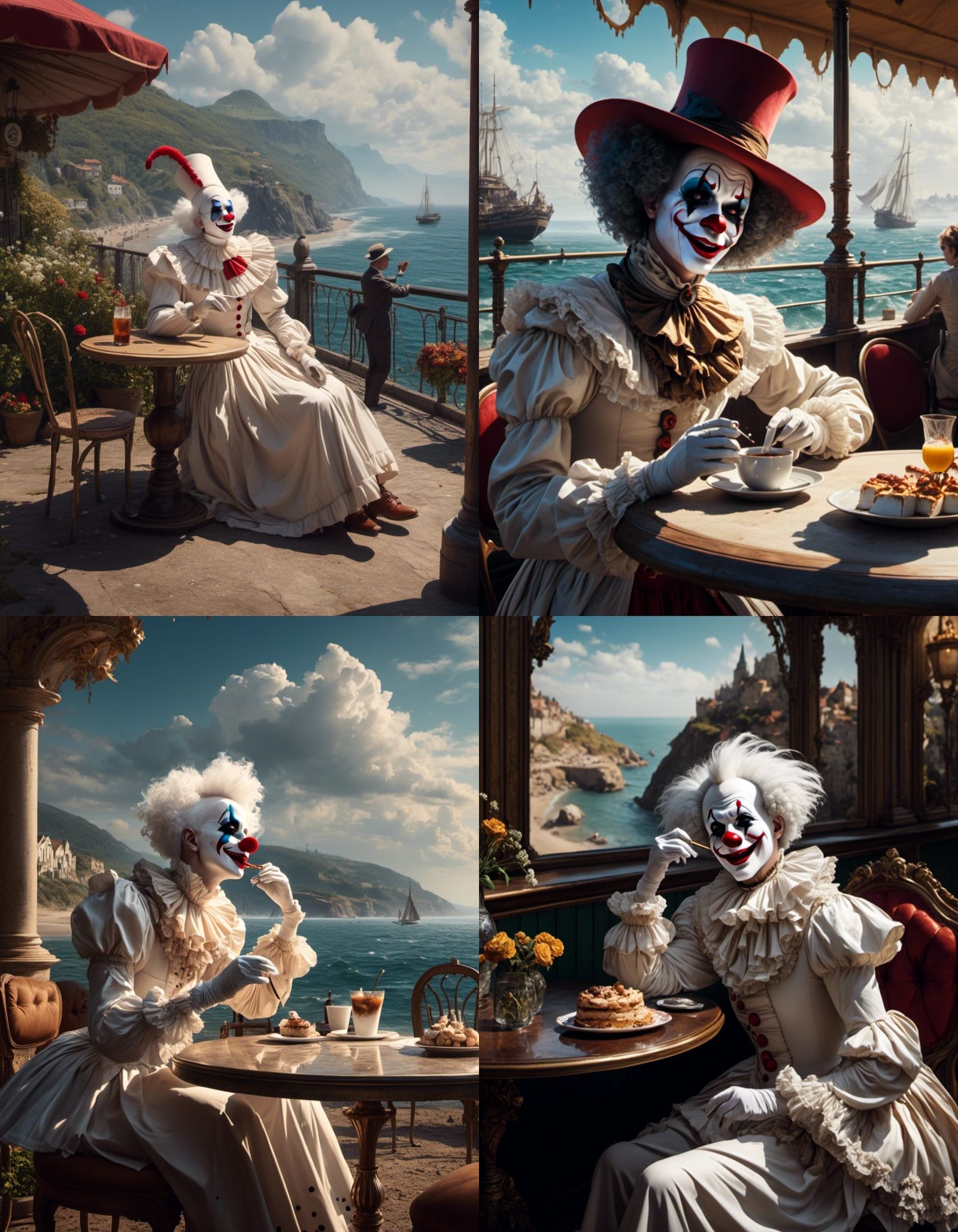 Pierrot Clown Smoking at Empty Cafe: Digital Matte Painting