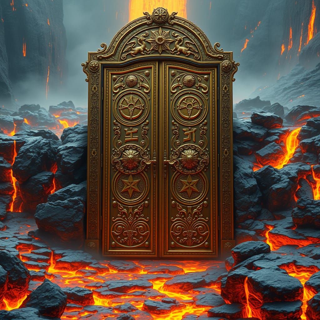 Mystical Brass Doors on a Lava Fall