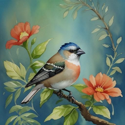 Bullfinch Nest with Baby Birds in Gouache Style