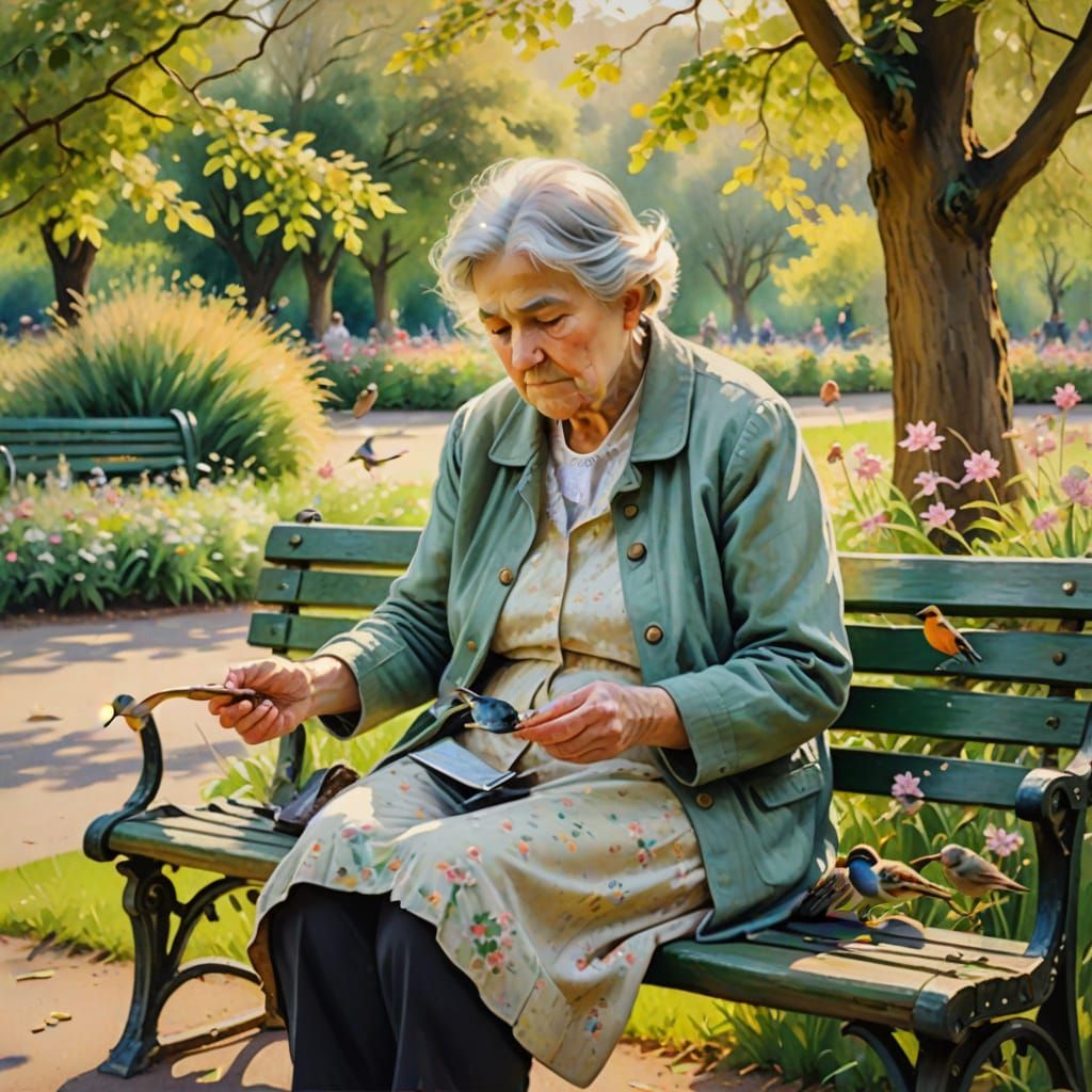 An old lady sitting on a park bench feeding birds.