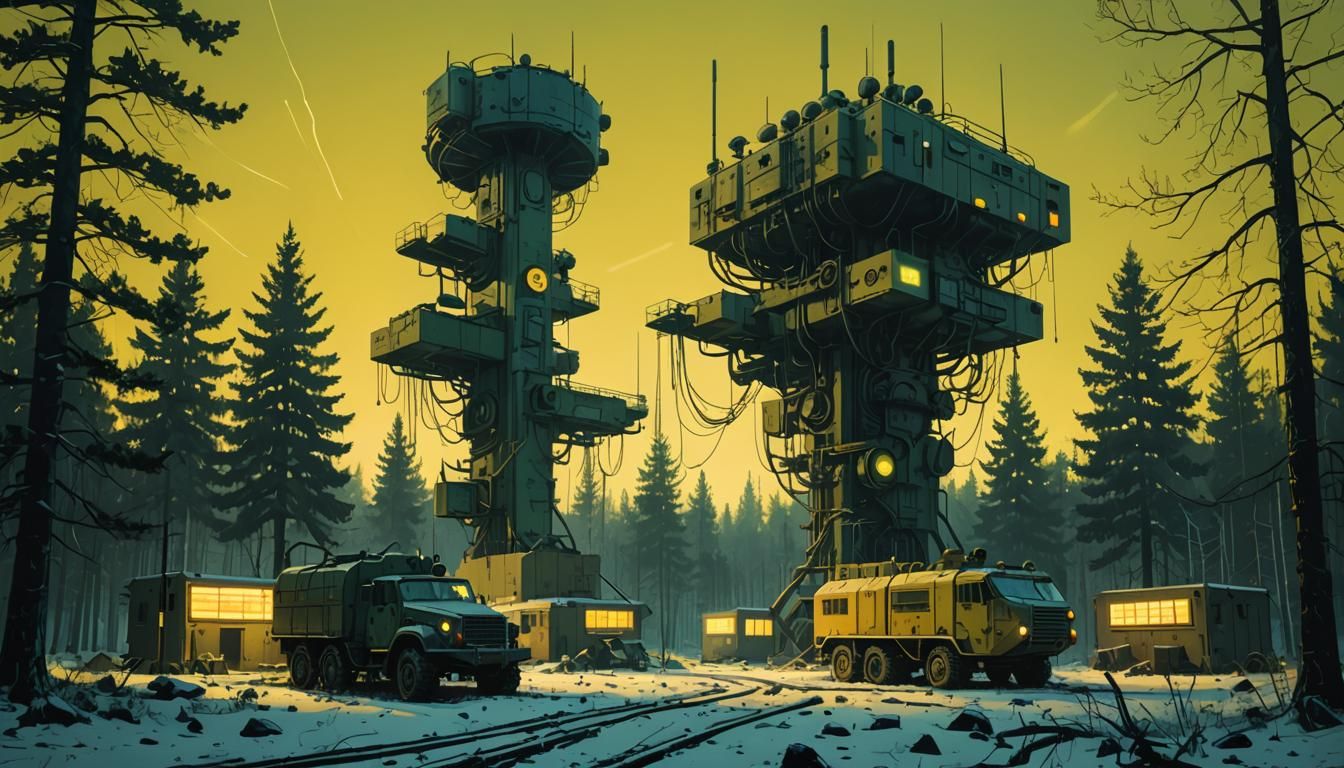 Dieselpunk Military Base in Overcast, Retrofuturistic Style
