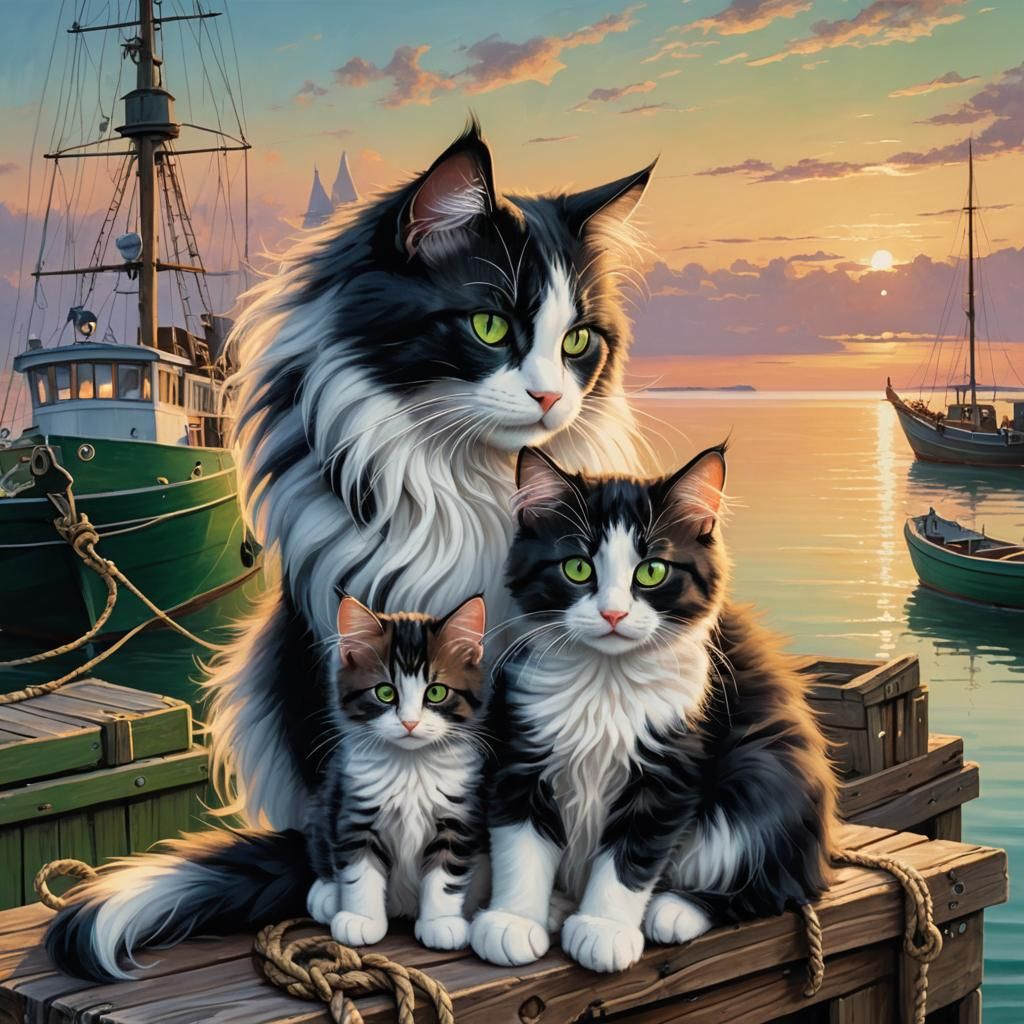 Black and White Cat with Kitten, Impasto Oil Painting