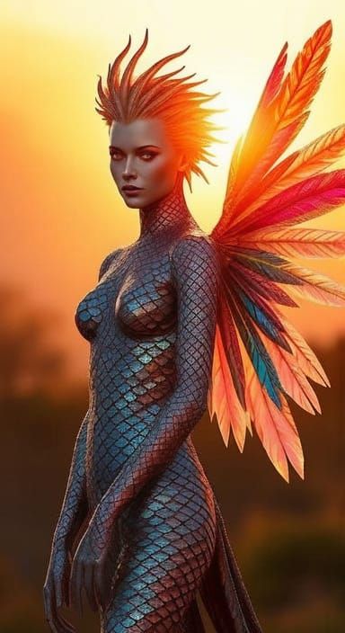 Scaled and Feathered Figure at Sunset, Sci-Fi Art