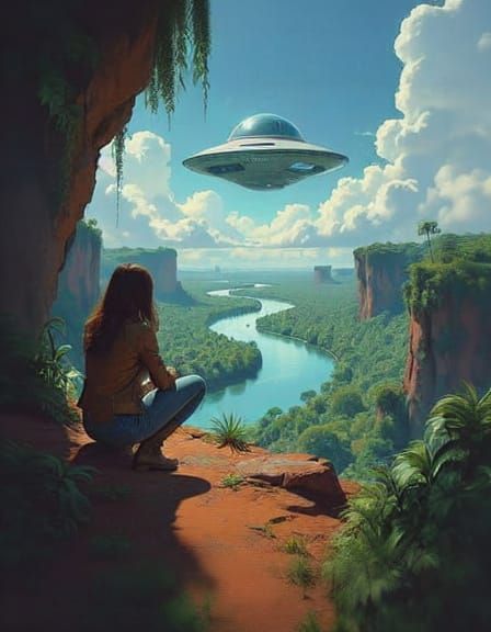 Moebius-Style Sci-Fi Scene with Spaceship