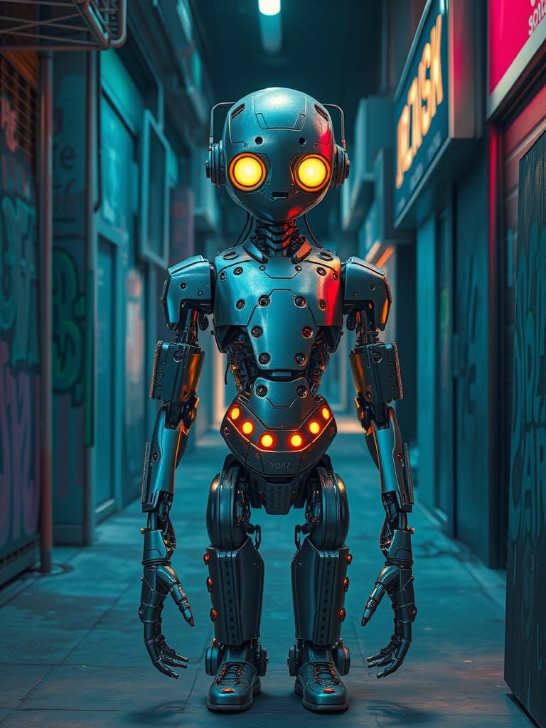 Ethereal Android in Neon Alleyway, Cyberpunk Art